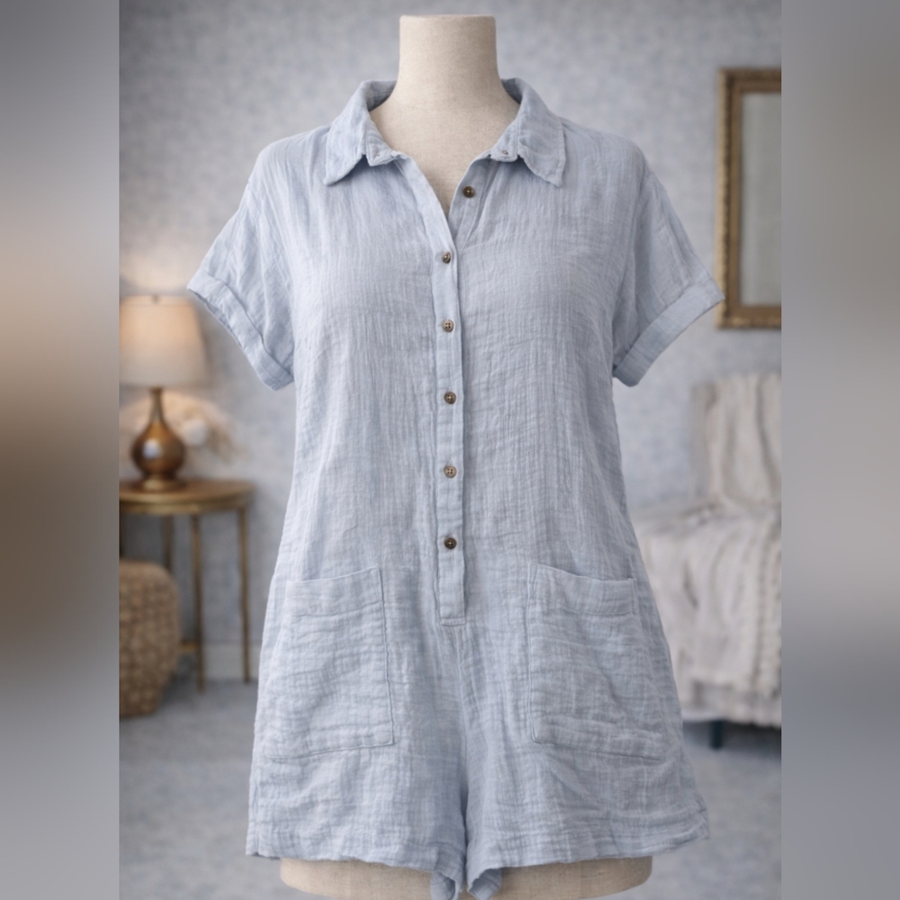 By Together Gauze Button-Front Romper – Light Blue
